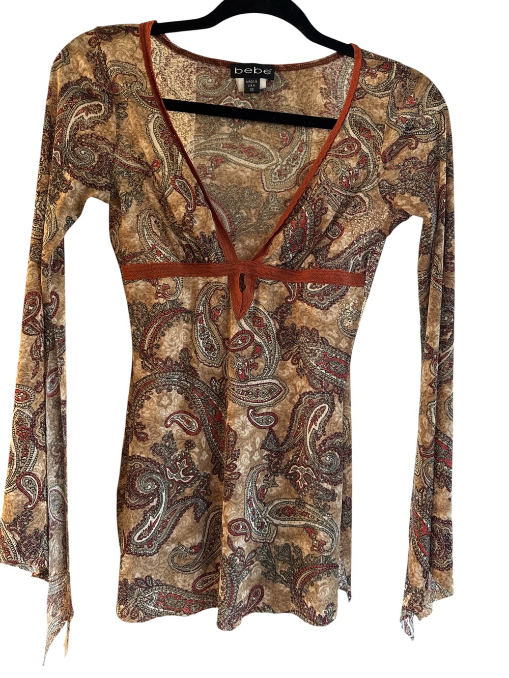 bebe Brown Paisley Tie-Front Long Sleeve Top with Rust Trim